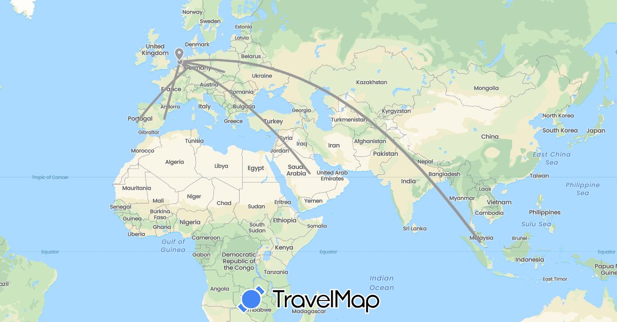 TravelMap itinerary: driving, plane in Germany, Spain, Malaysia, Netherlands, Poland, Portugal, Saudi Arabia (Asia, Europe)